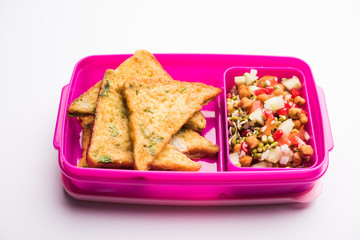 Lunch Box / Tiffin for Indian kids, includes bread Omelette pakora with tomato ketchup or sprouts, selective focus