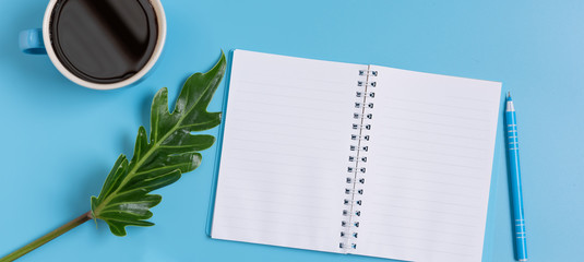 Work space blue set of note pad,pen,green leaf and coffee cup on blue desk background,top view © jcsmilly