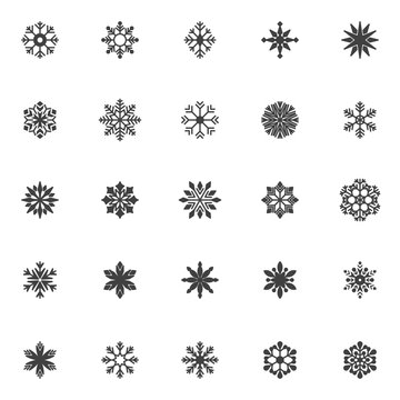Snowflake vector icons set, modern solid symbol collection, filled style pictogram pack. Signs, logo illustration. Set includes icons as winter snow flake shape, xmas snowflake ornate, star decoration