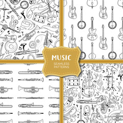 Musical equipment hand drawn outline seamless pattern set
