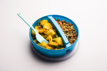 Lunch Box / Tiffin for Indian kids, includes vegetable bread Upma with sprouts, selective focus