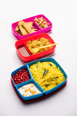 group of Lunch Box / Tiffin for Indian kids, showing variety or multiple option or combination of healthy food for your school going children