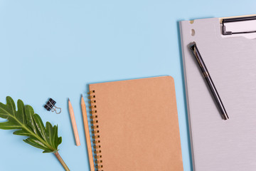 Works pace compositon with document file, notebook, pen,pencil and green leaves with space on  blue...