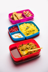 group of Lunch Box / Tiffin for Indian kids, showing variety or multiple option or combination of healthy food for your school going children