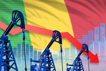 lowering, falling graph on Mali flag background - industrial illustration of Mali oil industry or market concept. 3D Illustration