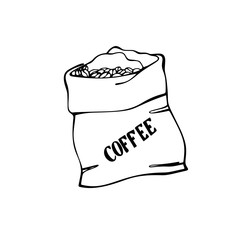 Coffee sack. Canvas bag with coffee beans. Isolated on white. Traditional coffe package. Hand drawn style. Line art sketh. Vector illustration