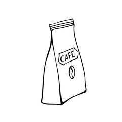 Coffee sack. Craft paper bag with coffee beans. Isolated on white. Traditional coffe package. Hand drawn style. Line art sketh. Vector illustration