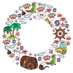 Vector set with pirate elements for birthday party for little children. Kids pattern with octopus, beach, treasure chest, ship