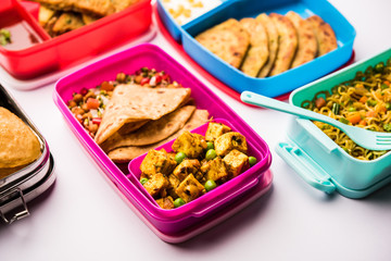 group of Lunch Box / Tiffin for Indian kids, showing variety or multiple option or combination of healthy food for your school going children