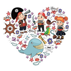 Naklejka premium Vector set with pirate elements for birthday party for little children. Kids pattern with octopus, beach, treasure chest, ship