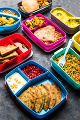 group of Lunch Box / Tiffin for Indian kids, showing variety or multiple option or combination of healthy food for your school going children