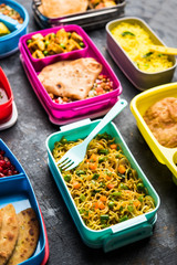 group of Lunch Box / Tiffin for Indian kids, showing variety or multiple option or combination of healthy food for your school going children