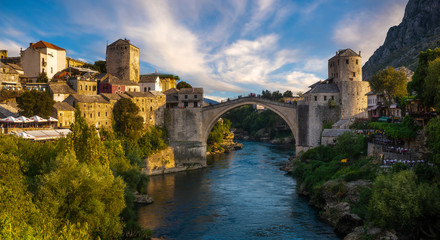 Mostar, Bosnia and Herzegovina-September 2019:The Old Bridge, Stari Most, with  river Neretva