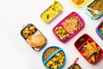 group of Lunch Box / Tiffin for Indian kids, showing variety or multiple option or combination of...