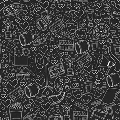 Vector seamless pattern with cinema icons. Movie Theater, TV, popcorn, video clips, musical