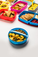 group of Lunch Box / Tiffin for Indian kids, showing variety or multiple option or combination of healthy food for your school going children