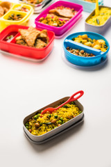 group of Lunch Box / Tiffin for Indian kids, showing variety or multiple option or combination of healthy food for your school going children