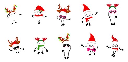 New Year or Christmas card. Funny cartoon cheerful character on a white background. Winter holidays. Santa claus or deer antler costume.