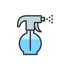 Vector sprayer, sprinkler, water spray bottle flat color line icon.
