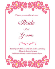Fototapeta na wymiar Template text of bride and groom, with pattern art of pink wreath frame. Vector