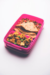 Lunch Box / Tiffin for Indian kids, hot Hot Paneer sabzi with roti / chapati, accompanied with sprouts