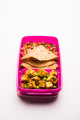 Lunch Box / Tiffin for Indian kids, hot Hot Paneer sabzi with roti / chapati, accompanied with sprouts