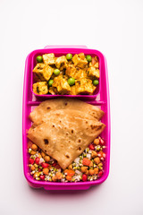 Lunch Box / Tiffin for Indian kids, hot Hot Paneer sabzi with roti / chapati, accompanied with sprouts