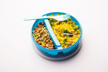 Lunch Box / Tiffin for Indian kids, hot Poha made using beaten rice and spices, accompanied with sprouts