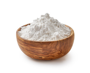 Olive Bowl with flour. Rice or wheat flour isolated on white background.