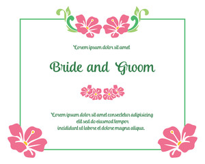 Template invitation card bride and groom, with vintage pink flower frame. Vector