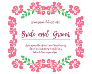 Ornate of card bride and groom, with texture of pink flower frame background. Vector