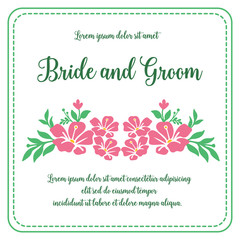 Design element for greeting card bride and groom, with ornament of pink flower frame. Vector