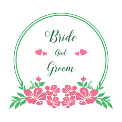 Design element for greeting card bride and groom, with ornament of pink flower frame. Vector