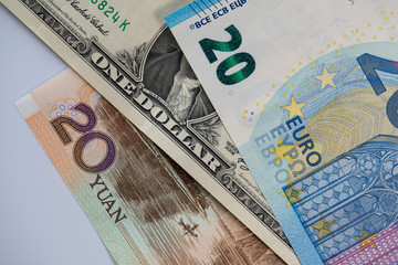 Mix of banknotes of different currencies - RMB - USD - EUR
