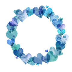 Watercolor illustration, frame. Watercolor transparent hearts in blue.