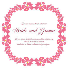 Romantic wedding card for bride and groom on white background, wallpaper of pink flower frame. Vector