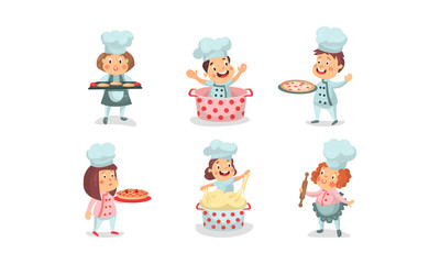 Set Of Six Vector Illustrations Of Babies Playing Cookers In Uniform