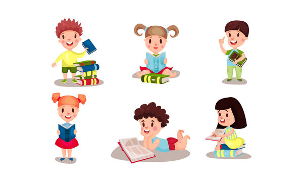 Set Of Six Vector Illustrations With Children Reading The Books