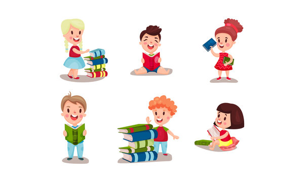 Set Of Vector Illustrations With Various Positions Of Children Reading Books