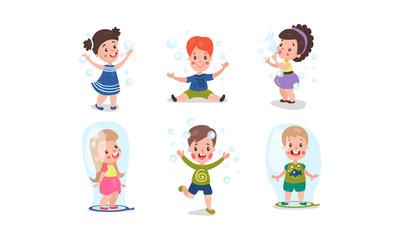 Set Of Six Vector Illustrations With Children Playing With Bubble Blower
