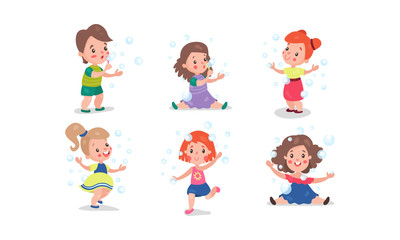 Set Of Six Vector Illustrations With Children Entertainments With Bubble Blower