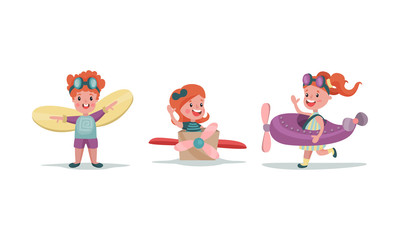 Three Ginger Girls Cosplaying With Big Toy Models Of Airplanes Vector Illustrations Set