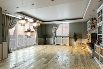 empty interior design living room. balcony with large windows. Scandinavian style. TV unit and library. 3D rendering