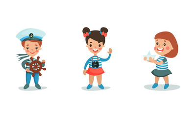 The Boy And Two Girls Play In Sailors Wearing Uniform Set Of Vector Illustrations