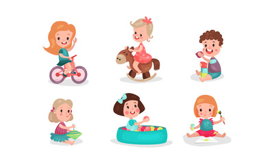 Set Of Six Vector Illustrations With Little Girls And Boys Playing Having Fan With Various Toys
