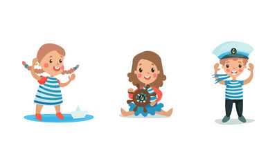 Set Of Vector Illustrations With Three Children Cosplaying Sailors Wearing Suits And Peakless Wisor