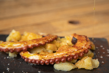 Octopus with paprika, potatoes and olive oil is a typical tapa from Galicia, Spain