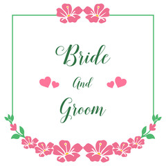 Vintage greeting card of bride and groom, with graphic pattern of pink wreath frame. Vector