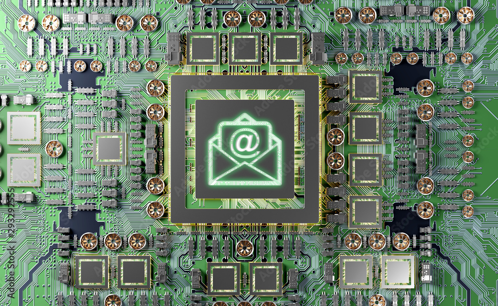 Leinwandbilder close-up view of a modern gpu card with email icon 3d rendering