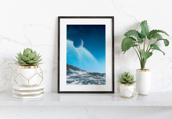 Black frame leaning on white shelve in bright interior with plants and decorations mockup 3D rendering